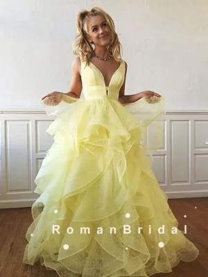 A-Line Deep V-Neck Sleeveless Yellow Tulle Long Prom Dresses,RBPD0097