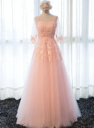 Beautiful Pink Tulle 1/2 Sleeves with Lace Applique Bridesmaid Dress, Long Prom Dress