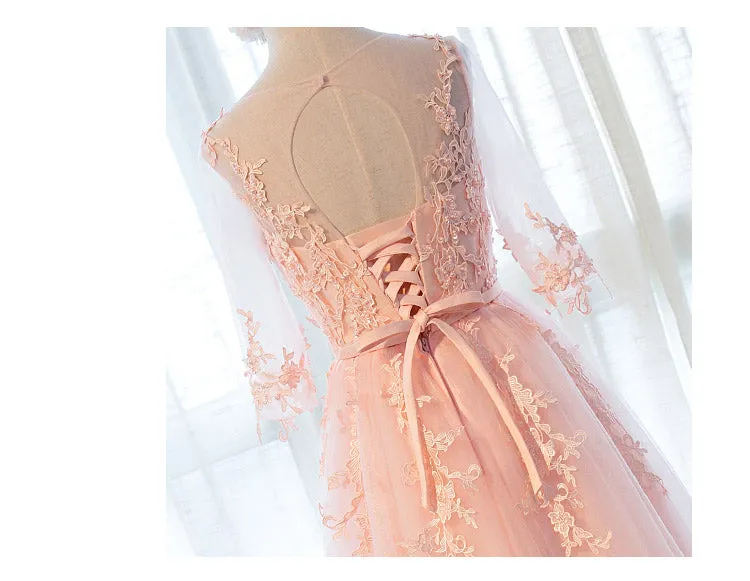 Beautiful Pink Tulle 1/2 Sleeves with Lace Applique Bridesmaid Dress, Long Prom Dress