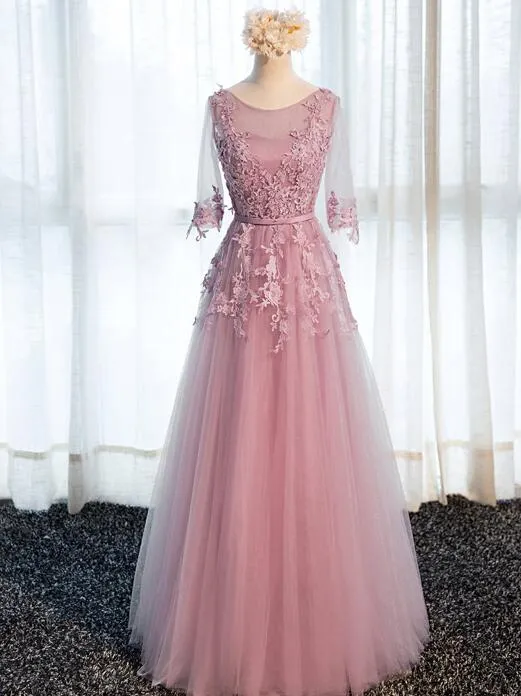 Beautiful Pink Tulle 1/2 Sleeves with Lace Applique Bridesmaid Dress, Long Prom Dress