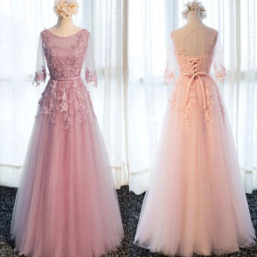 Beautiful Pink Tulle 1/2 Sleeves with Lace Applique Bridesmaid Dress, Long Prom Dress