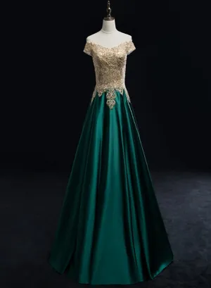 Beautiful Satin with Gold Lace Applique Long Party Dress, New Prom Dress