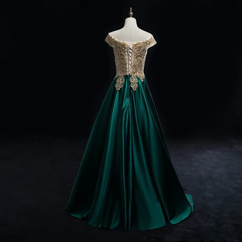 Beautiful Satin with Gold Lace Applique Long Party Dress, New Prom Dress