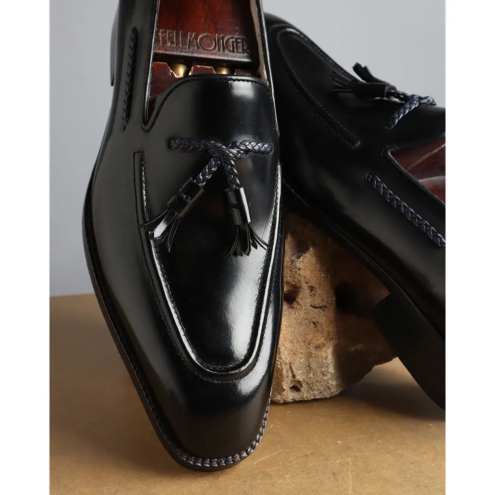 Black Brushed Glossed Braided Tassel Square Toe Loafers