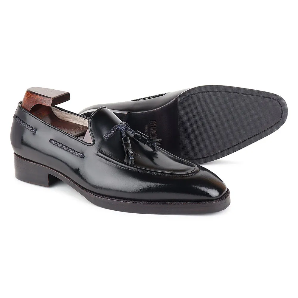 Black Brushed Glossed Braided Tassel Square Toe Loafers