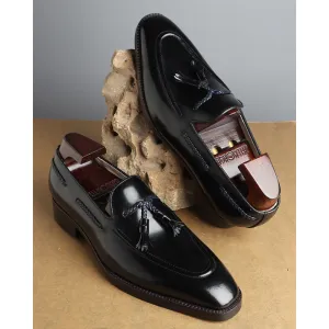 Black Brushed Glossed Braided Tassel Square Toe Loafers