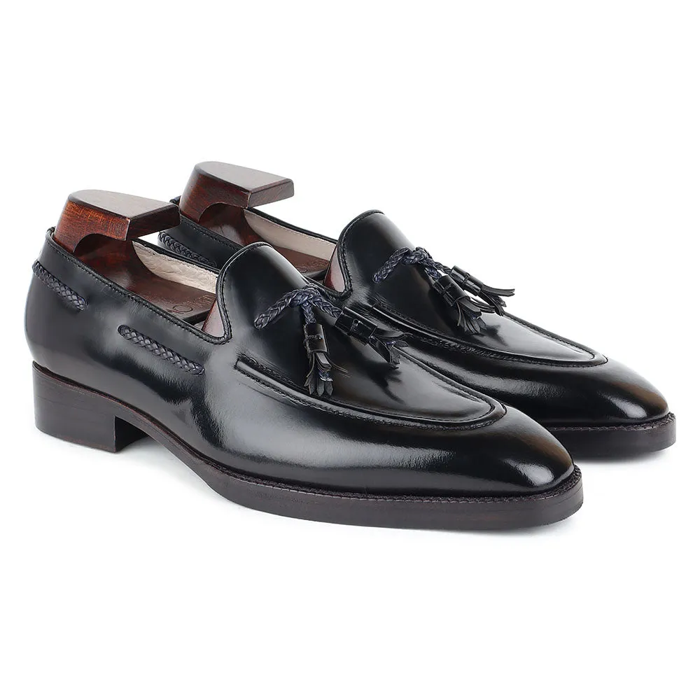 Black Brushed Glossed Braided Tassel Square Toe Loafers