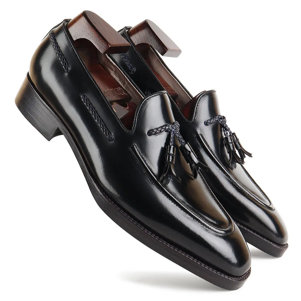 Black Brushed Glossed Braided Tassel Square Toe Loafers