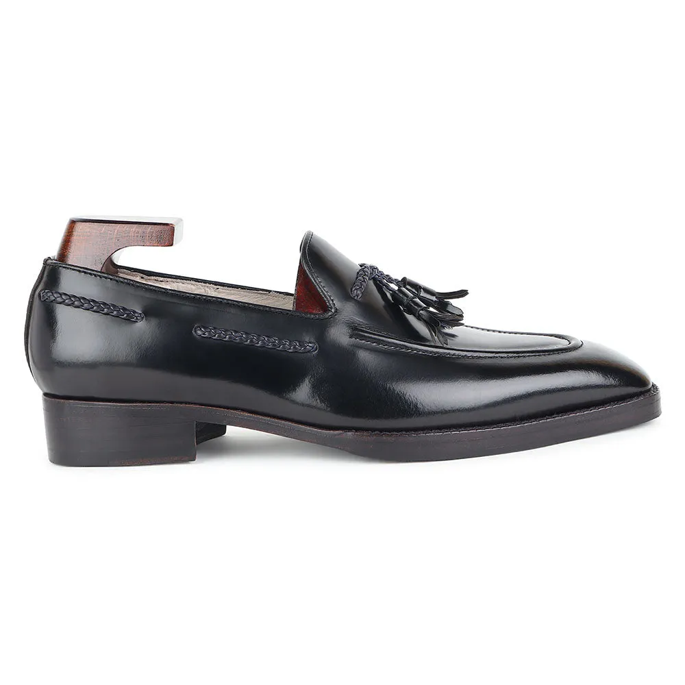 Black Brushed Glossed Braided Tassel Square Toe Loafers