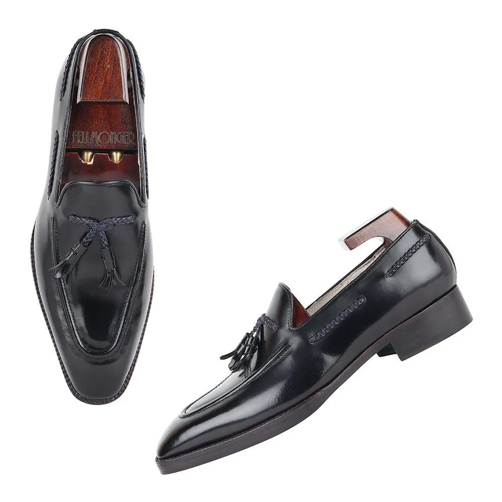 Black Brushed Glossed Braided Tassel Square Toe Loafers