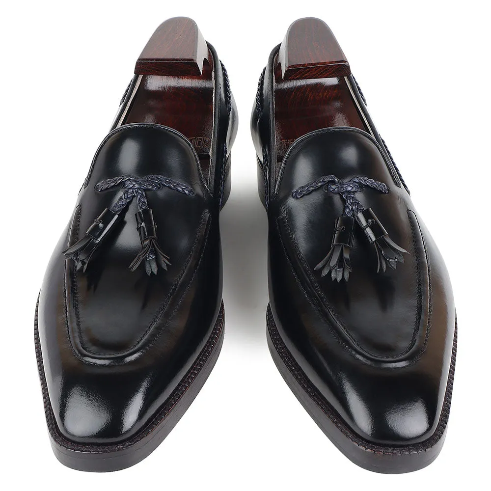 Black Brushed Glossed Braided Tassel Square Toe Loafers