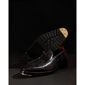 Black Croco Mirror Glossed Belgain Bowtie Loafers   Commando Sole   Metal Toe