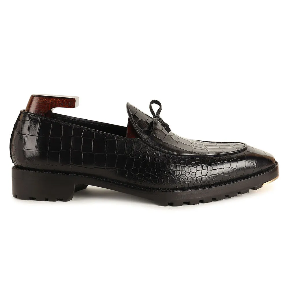 Black Croco Mirror Glossed Belgain Bowtie Loafers   Commando Sole   Metal Toe
