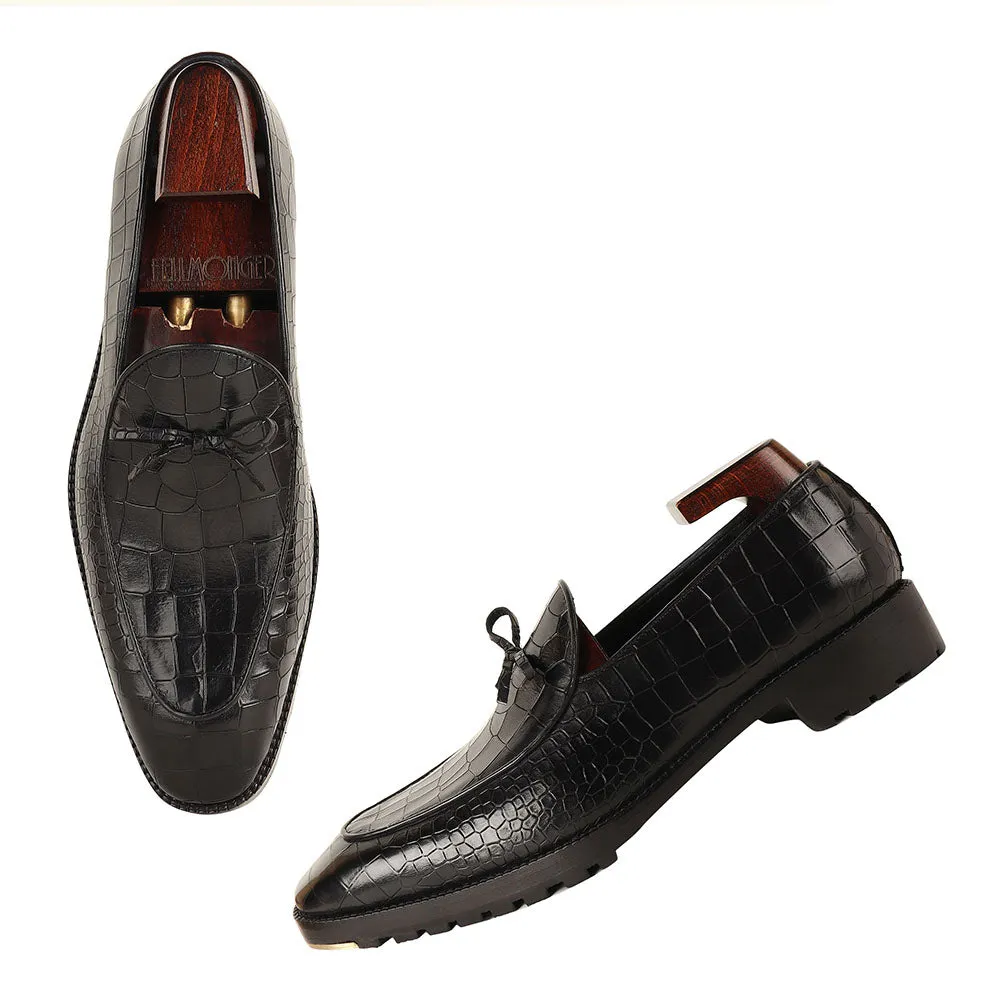 Black Croco Mirror Glossed Belgain Bowtie Loafers   Commando Sole   Metal Toe