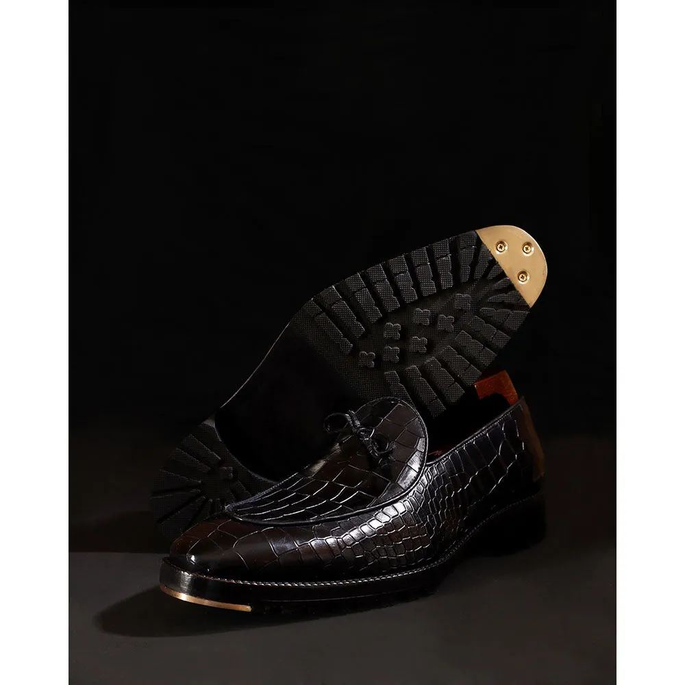 Black Croco Mirror Glossed Belgain Bowtie Loafers   Commando Sole   Metal Toe