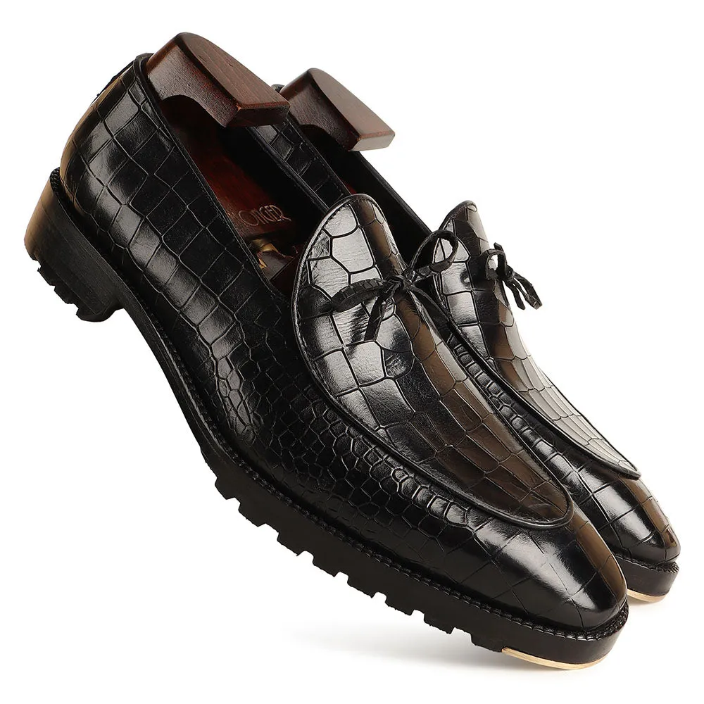 Black Croco Mirror Glossed Belgain Bowtie Loafers   Commando Sole   Metal Toe