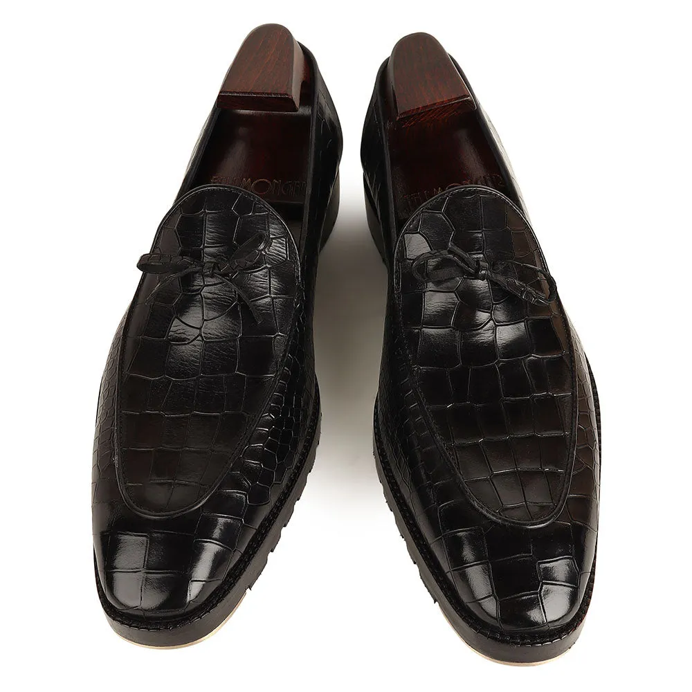 Black Croco Mirror Glossed Belgain Bowtie Loafers   Commando Sole   Metal Toe