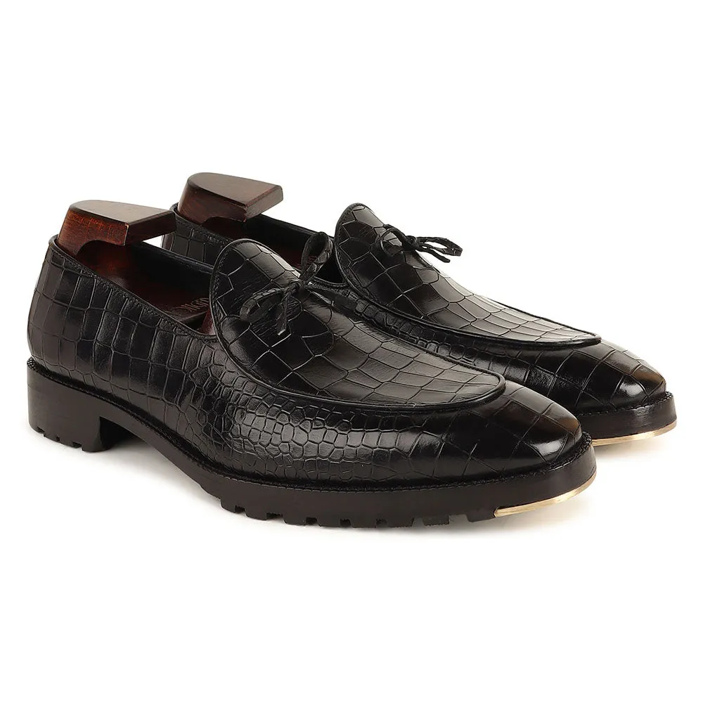 Black Croco Mirror Glossed Belgain Bowtie Loafers   Commando Sole   Metal Toe