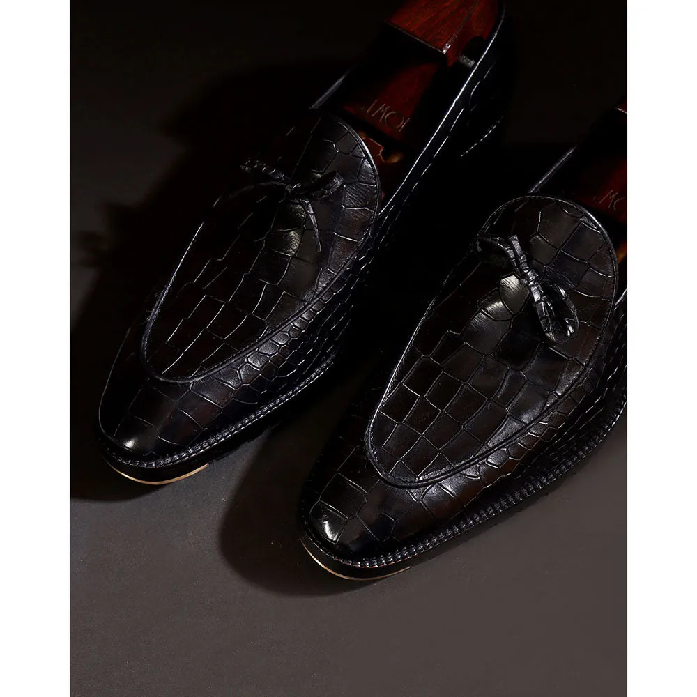 Black Croco Mirror Glossed Belgain Bowtie Loafers   Commando Sole   Metal Toe