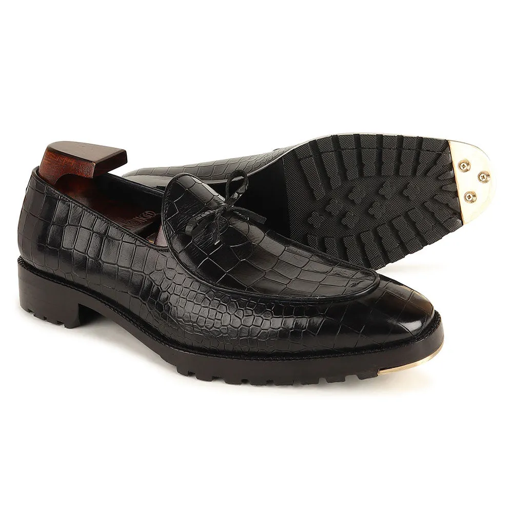 Black Croco Mirror Glossed Belgain Bowtie Loafers   Commando Sole   Metal Toe