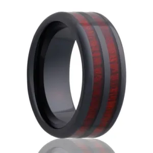 Black Diamond Ceramic Ring with Blood Wood Inlay