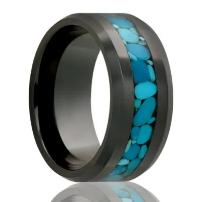 Black Diamond Ceramic Ring with Blue Turquoise Inlay