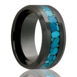 Black Diamond Ceramic Ring with Blue Turquoise Inlay