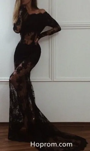 Black Lace Prom Dress, Sexy Long Sleeves Prom Dresses