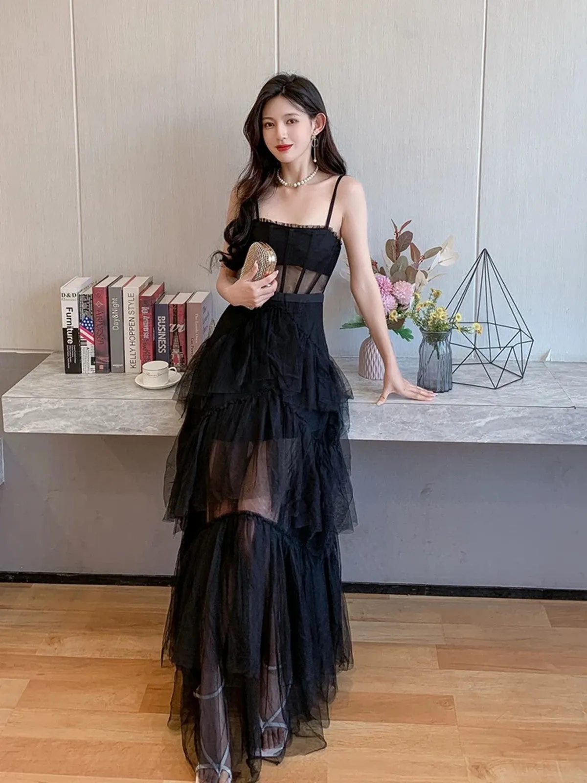 Black Straps Layers Straps Tulle Long Party Dress, A-line Black Tulle Prom Dress
