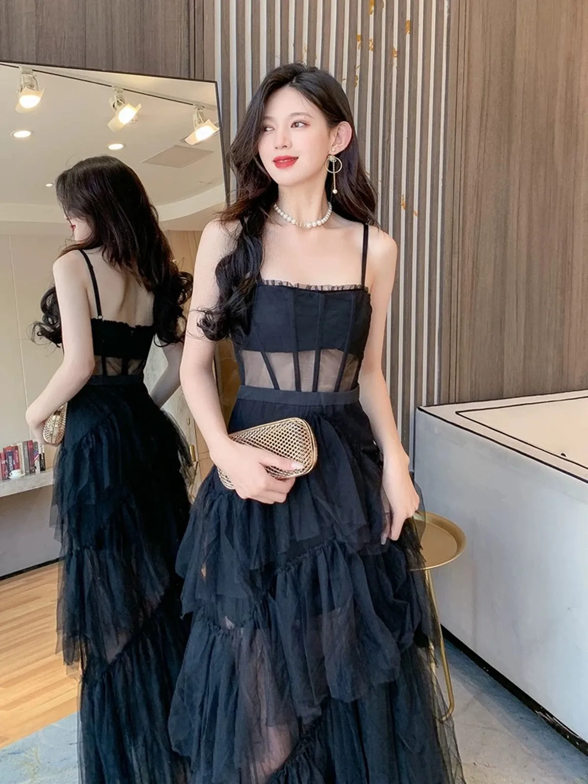 Black Straps Layers Straps Tulle Long Party Dress, A-line Black Tulle Prom Dress