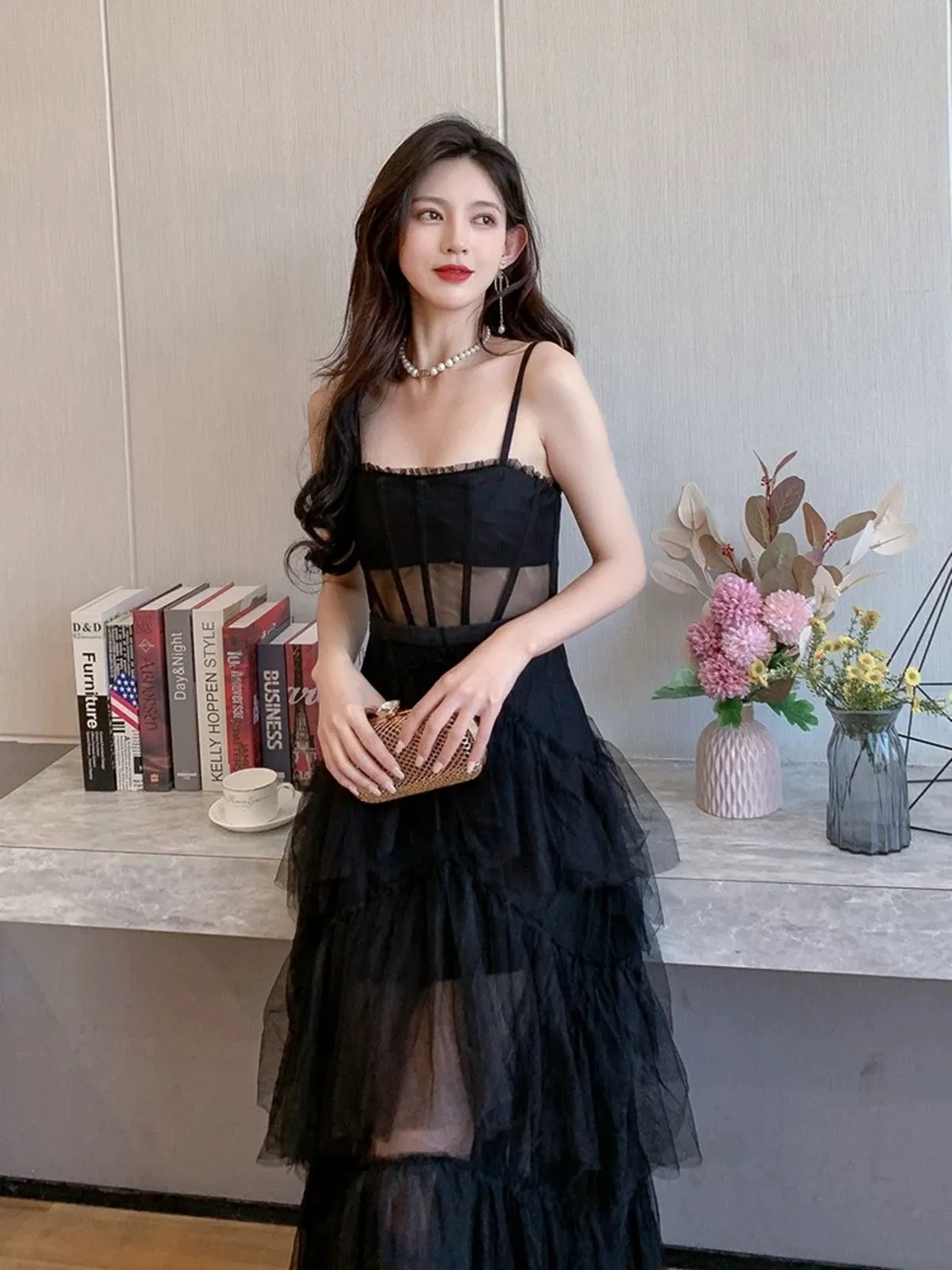 Black Straps Layers Straps Tulle Long Party Dress, A-line Black Tulle Prom Dress