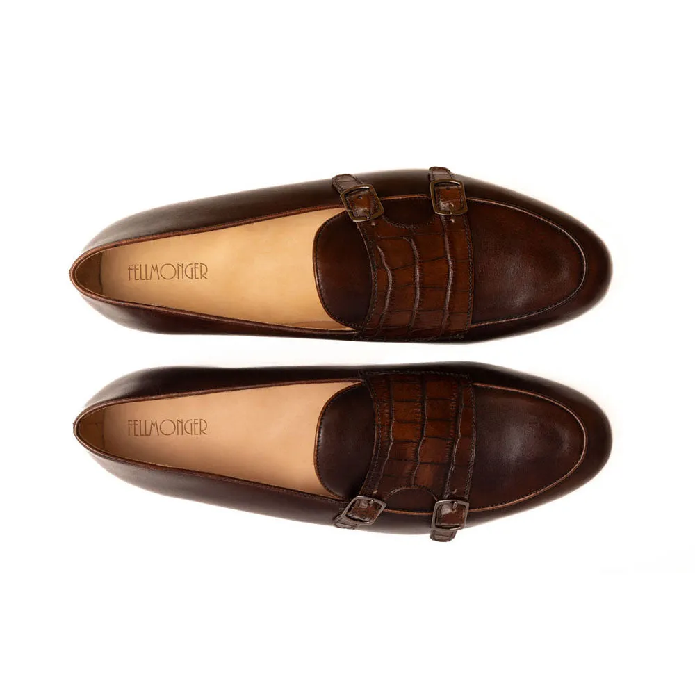 Brown Batwing Loafers With Croco Detail