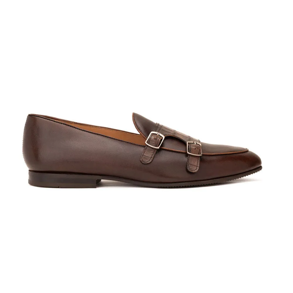 Brown Batwing Loafers With Croco Detail