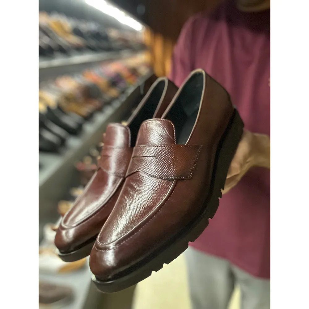 Brown Mirror Glossed Patina Hatch Grain Extralight Penny Loafers