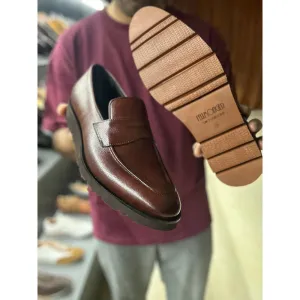 Brown Mirror Glossed Patina Hatch Grain Extralight Penny Loafers