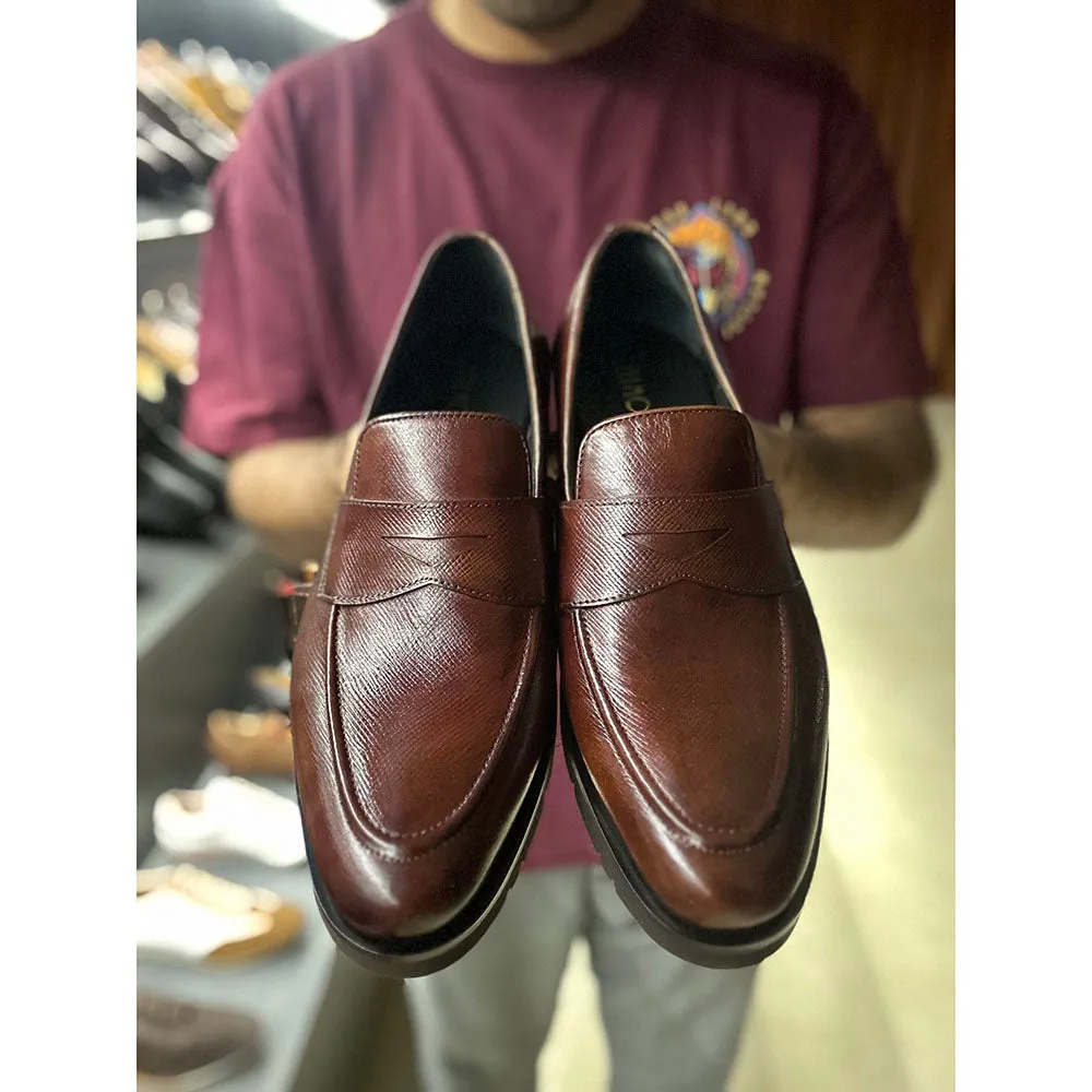 Brown Mirror Glossed Patina Hatch Grain Extralight Penny Loafers