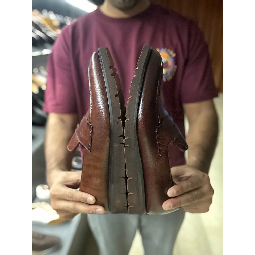 Brown Mirror Glossed Patina Hatch Grain Extralight Penny Loafers