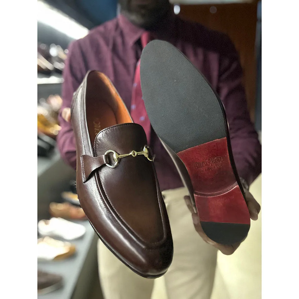 Brown Mirror Glossed Patina Horsebit Sleek Loafers