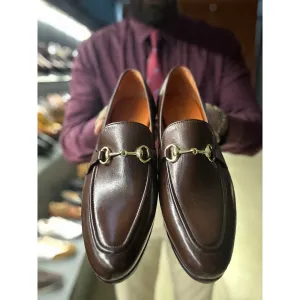 Brown Mirror Glossed Patina Horsebit Sleek Loafers