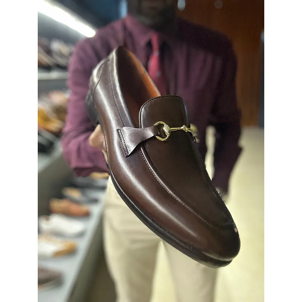 Brown Mirror Glossed Patina Horsebit Sleek Loafers