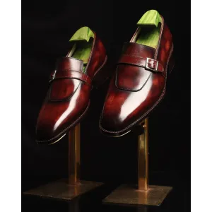 Brown Patina Goodyear Welted Mirror Glossed Strap Loafers   Fiddle Back Waist   Metal Toe