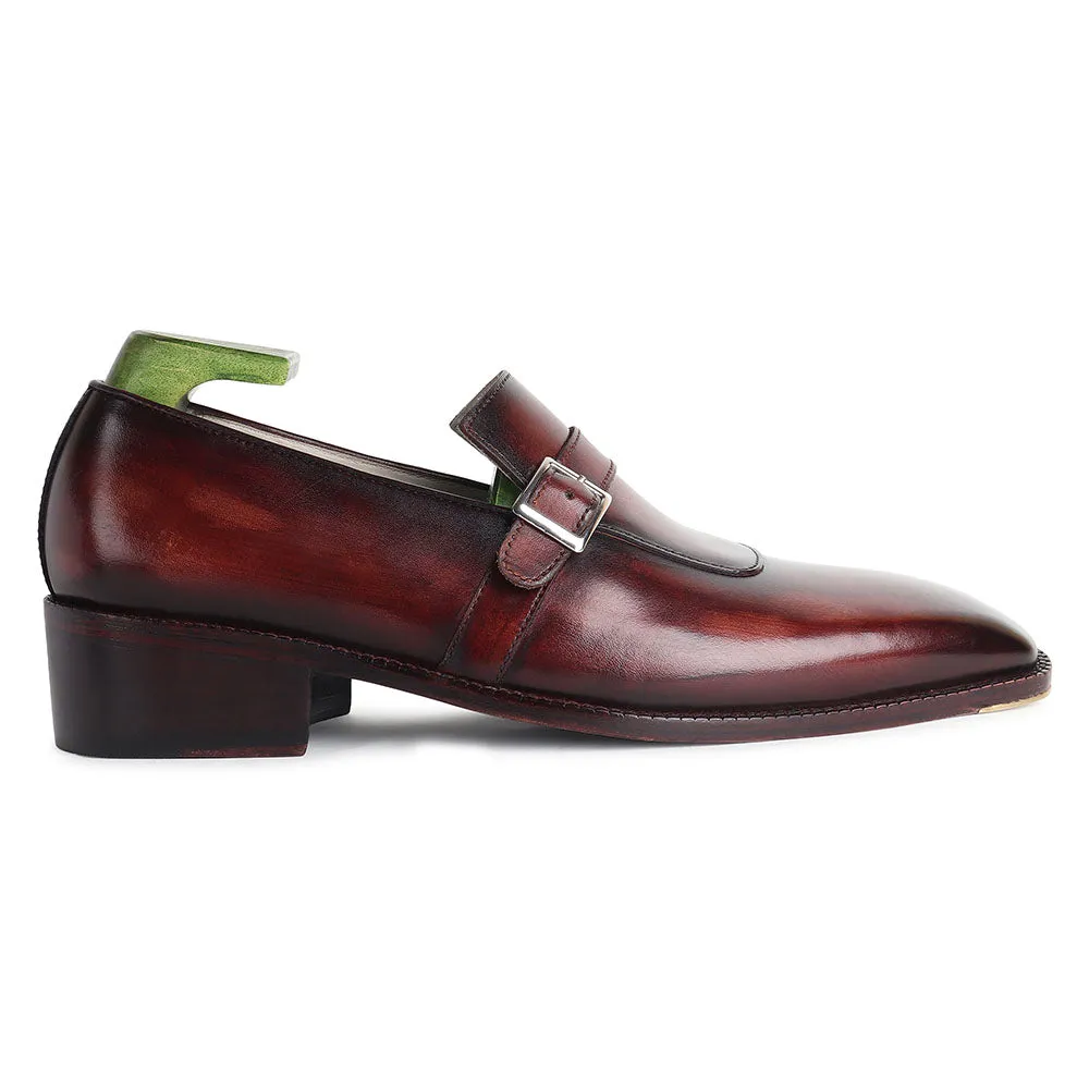 Brown Patina Goodyear Welted Mirror Glossed Strap Loafers   Fiddle Back Waist   Metal Toe
