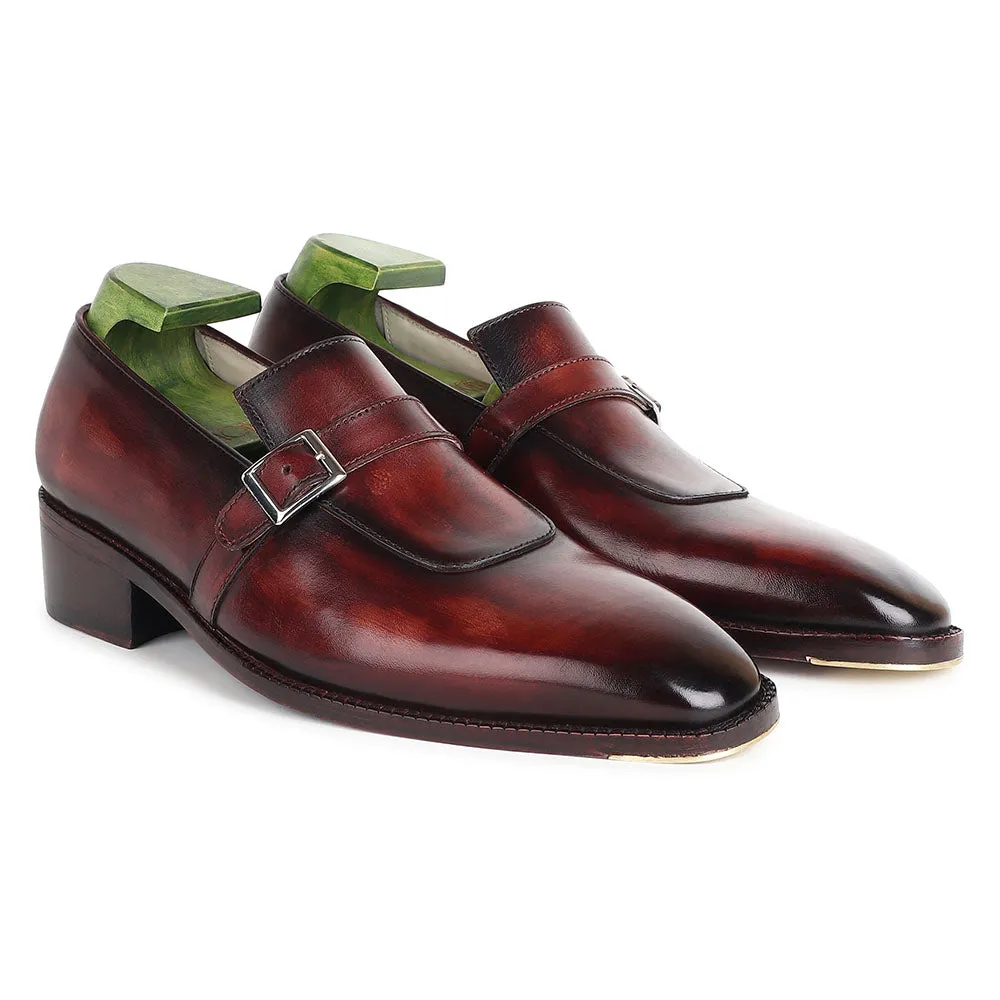 Brown Patina Goodyear Welted Mirror Glossed Strap Loafers   Fiddle Back Waist   Metal Toe