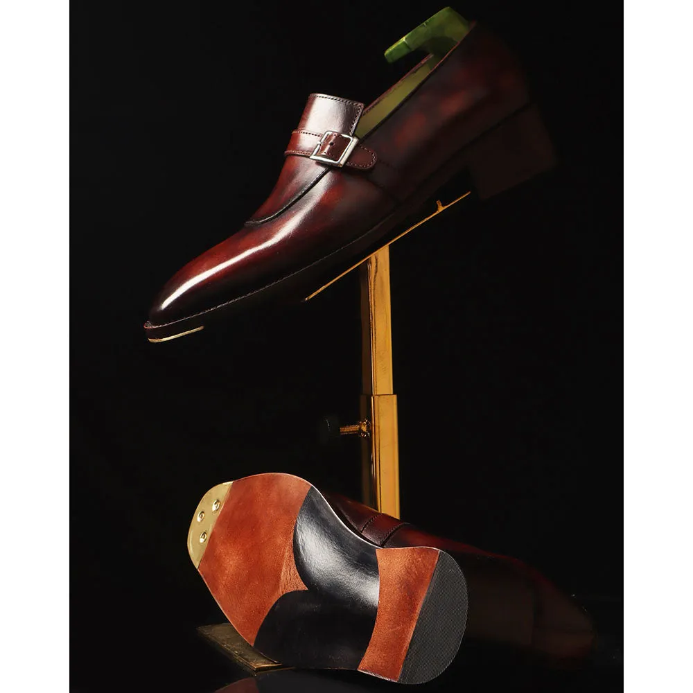 Brown Patina Goodyear Welted Mirror Glossed Strap Loafers   Fiddle Back Waist   Metal Toe