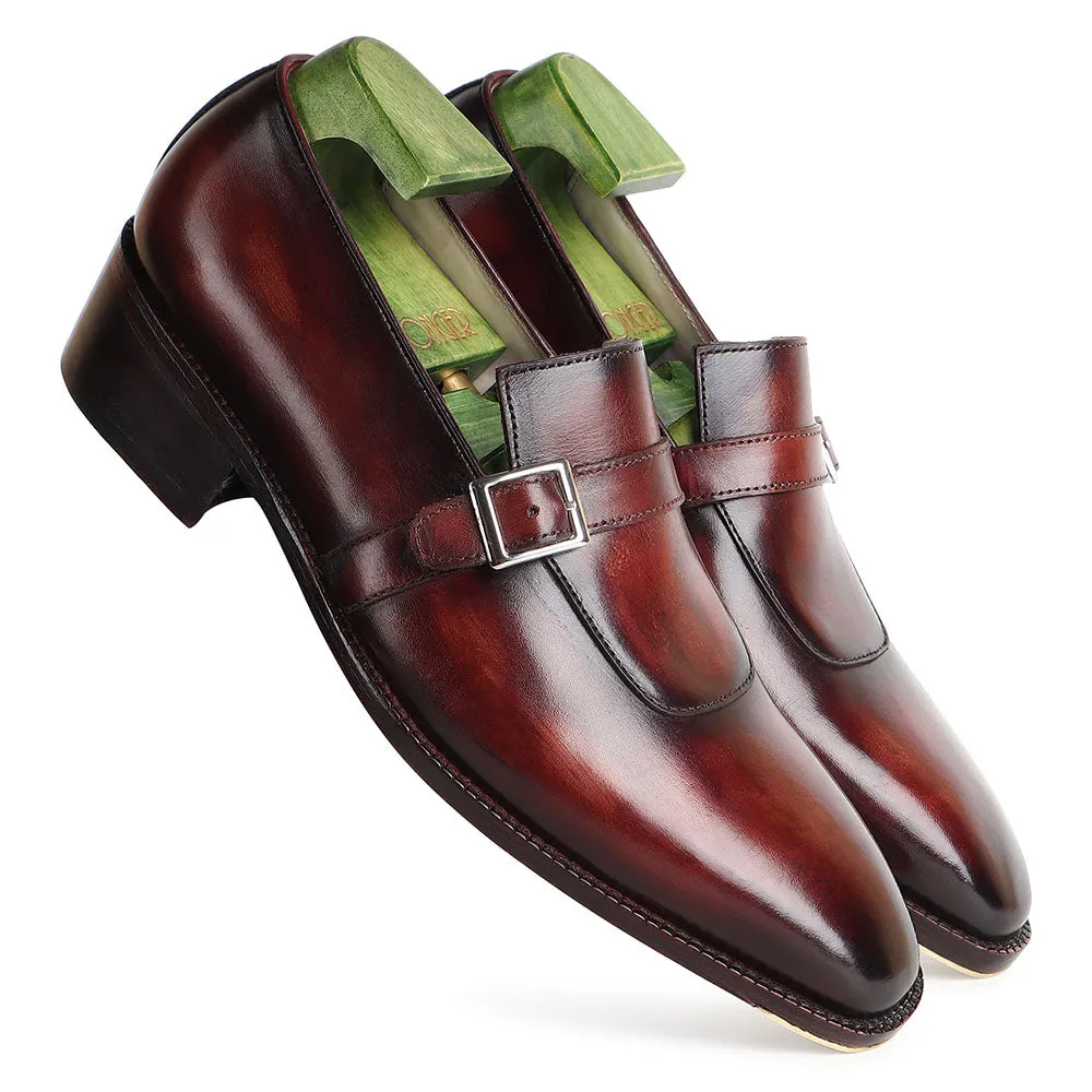 Brown Patina Goodyear Welted Mirror Glossed Strap Loafers   Fiddle Back Waist   Metal Toe