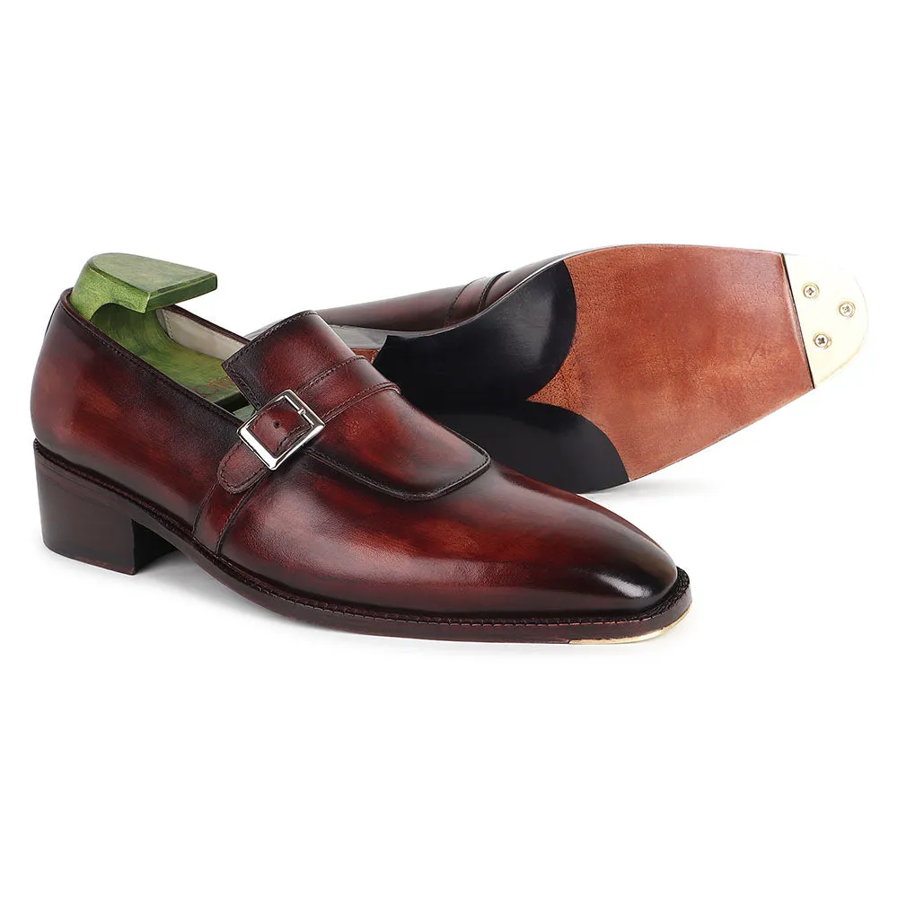 Brown Patina Goodyear Welted Mirror Glossed Strap Loafers   Fiddle Back Waist   Metal Toe