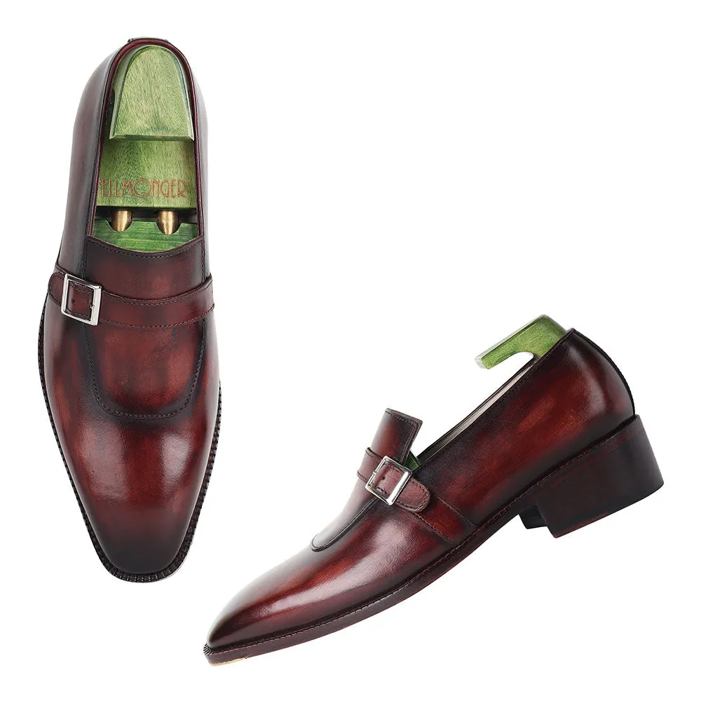 Brown Patina Goodyear Welted Mirror Glossed Strap Loafers   Fiddle Back Waist   Metal Toe