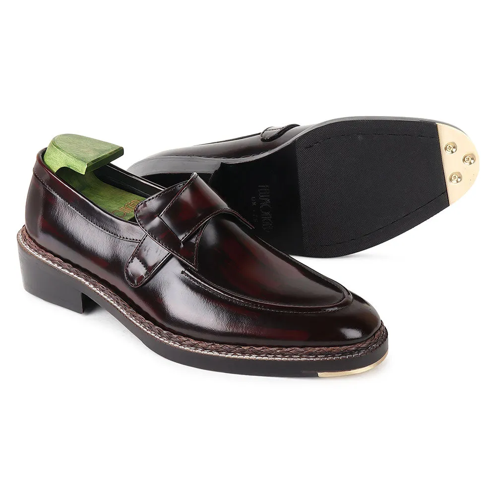 Burshed Burgundy Norwegian Welted Butterfly Loafers With Metal Toe