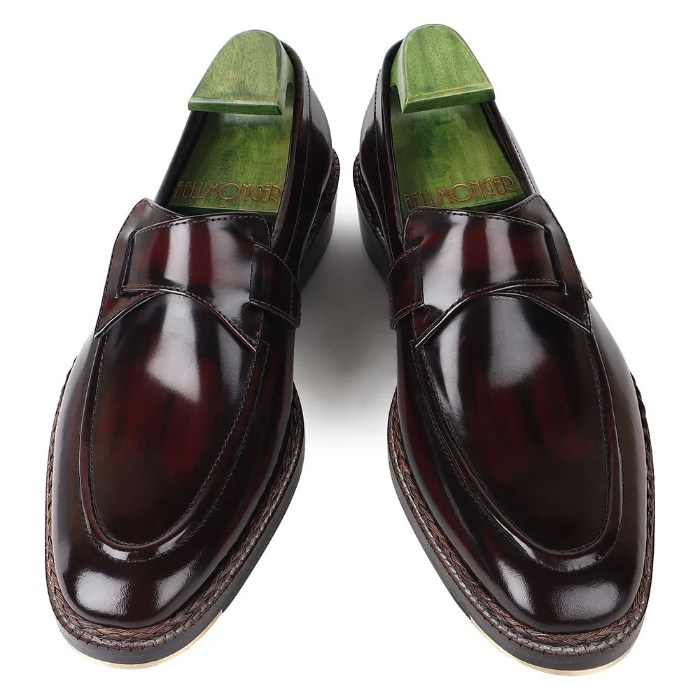 Burshed Burgundy Norwegian Welted Butterfly Loafers With Metal Toe