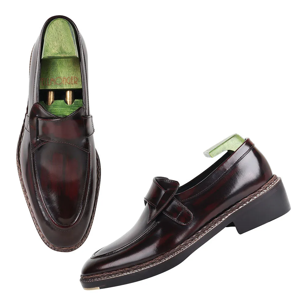 Burshed Burgundy Norwegian Welted Butterfly Loafers With Metal Toe